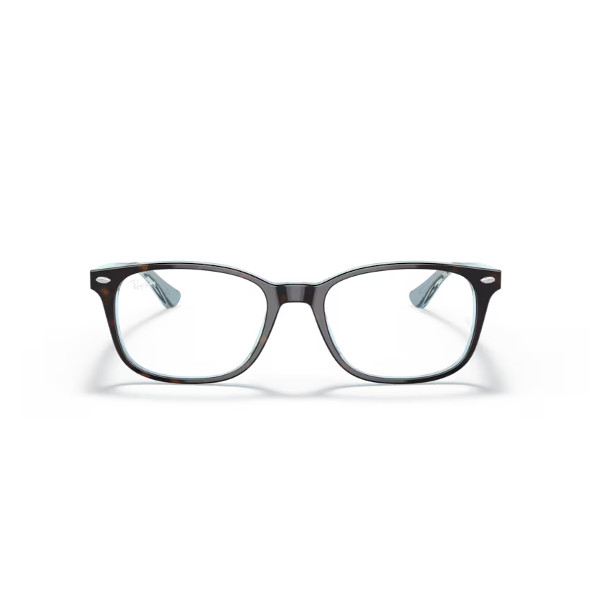 Front view of rayban optics frame #color_havana on light blue