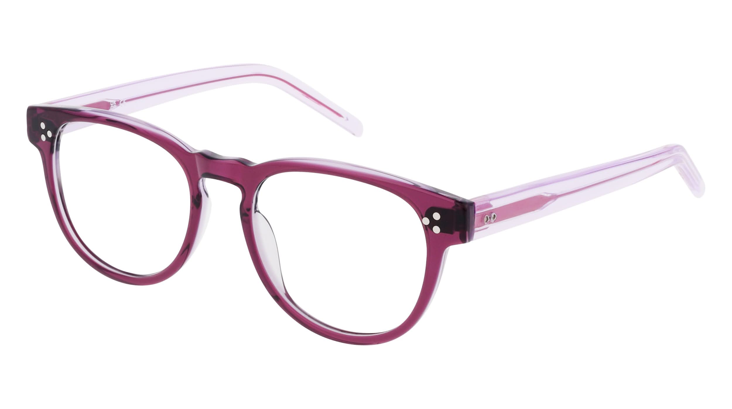 Angled view of Duncan and Todd frame KORI4918C1-purple-transparent#color_purple transparent